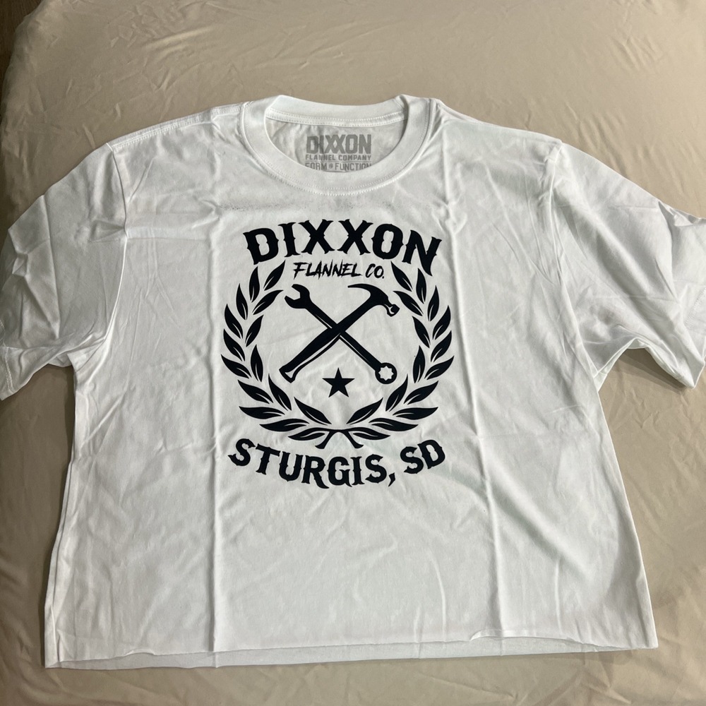 Dixxon Sturgis Sketchy Crest Cropped WHITE T-Shirt Raw Hem SMALL USA